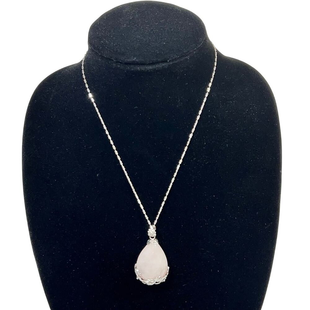 Natural Pink Rose Quartz Teardrop Stone .925 Sterling Silver Necklace Jewelry